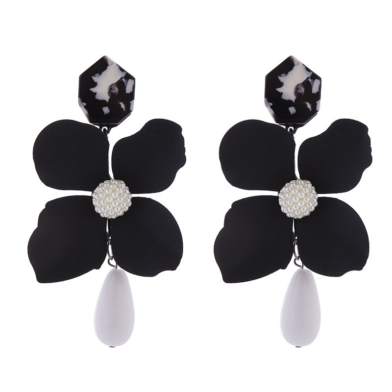 New Exaggerated Long Multi Layer Flower Earrings Alloy Lacquer Teardrop Shaped Pearl Earrings Wholesale Earrings