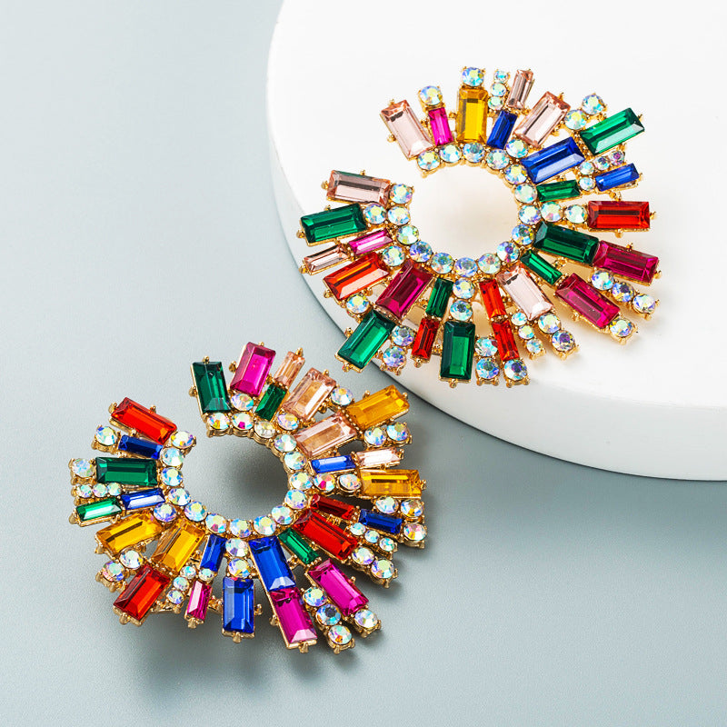 European and American cross-border alloy inlaid colorful rhinestone sunflower earrings female super flash hipster dinner earrings earrings