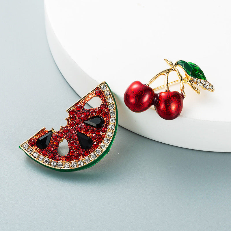 ins net red alloy dripping oil diamond cherry watermelon brooch girl cute pin fashion popular corsage accessories