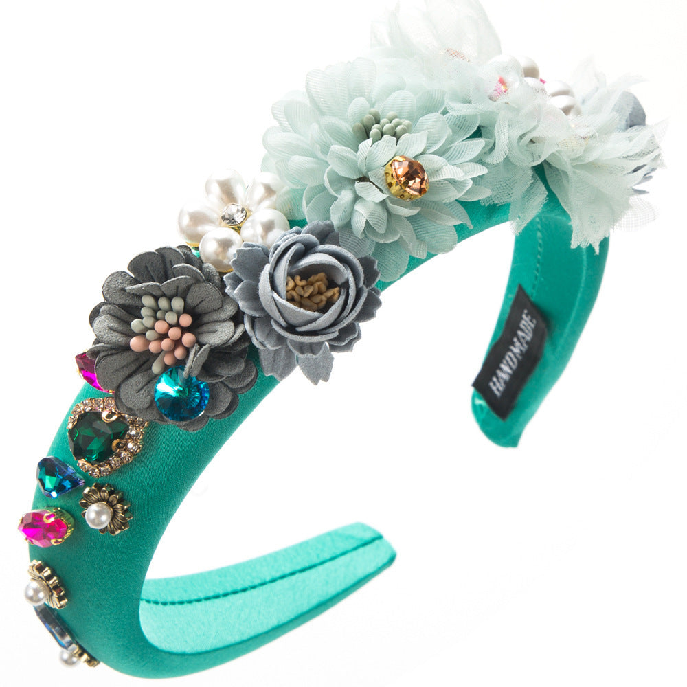 Cross-border new Korean version of floral temperament headband female sponge high skull top inlaid with glass diamonds pearl flower party hair accessories