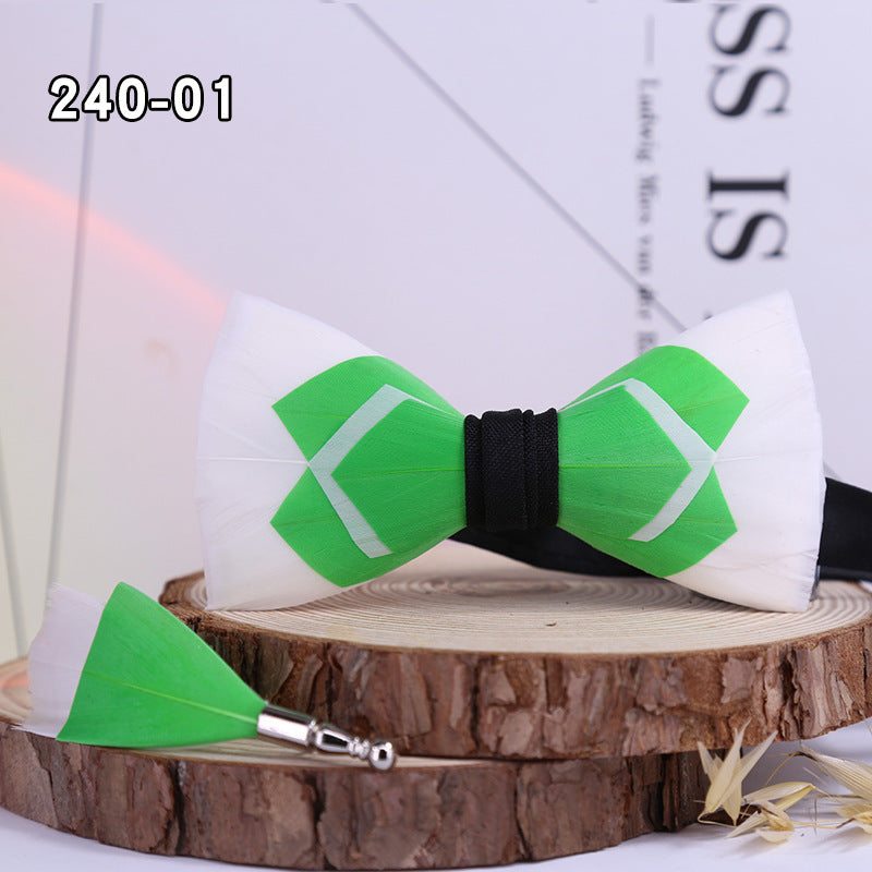 240 Dark Green Feather Male Bow Tie Brooch Set Business Wedding Party Host Shirt Men's Bow