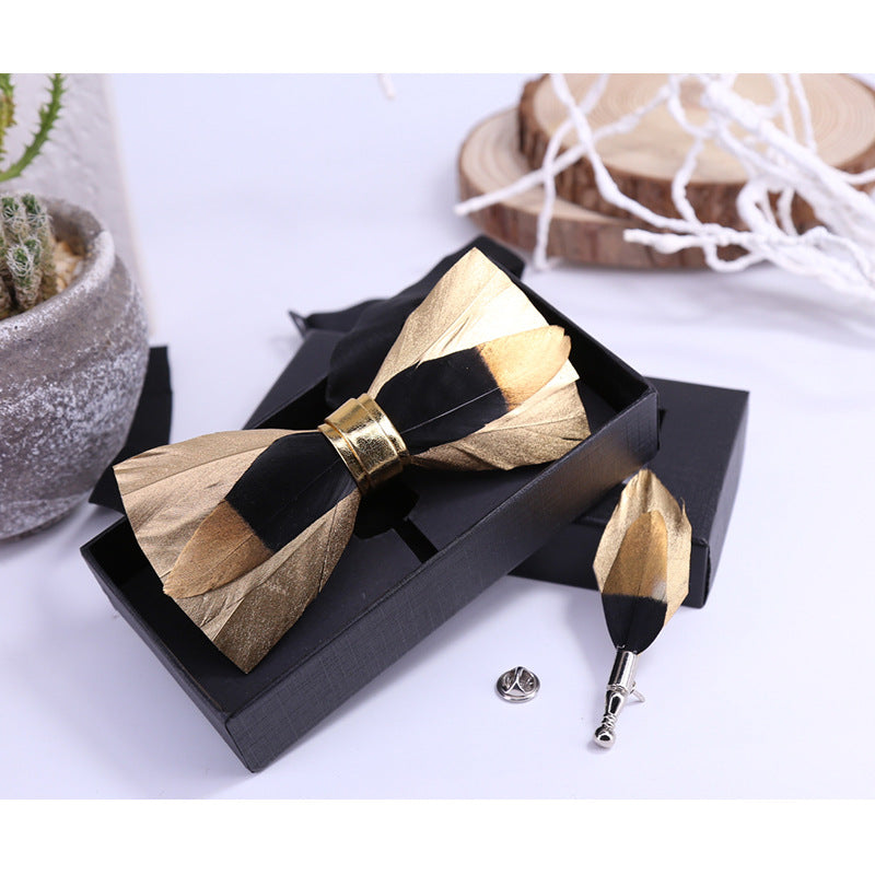 271 Golden Feather Male Wedding Dress Bow Tie Business Dinner Host Yellow Black Gold Bow Collar Flower