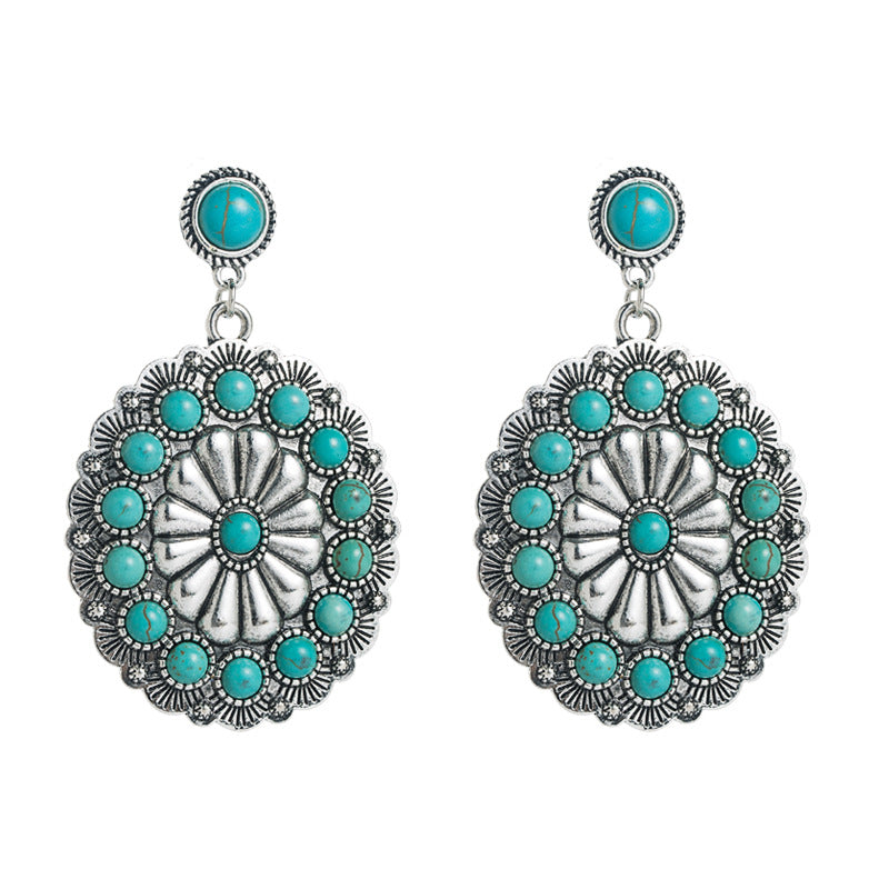 Cross-border new antique silver turquoise earrings retro exaggerated temperament earrings European and American fashion high-quality party earrings