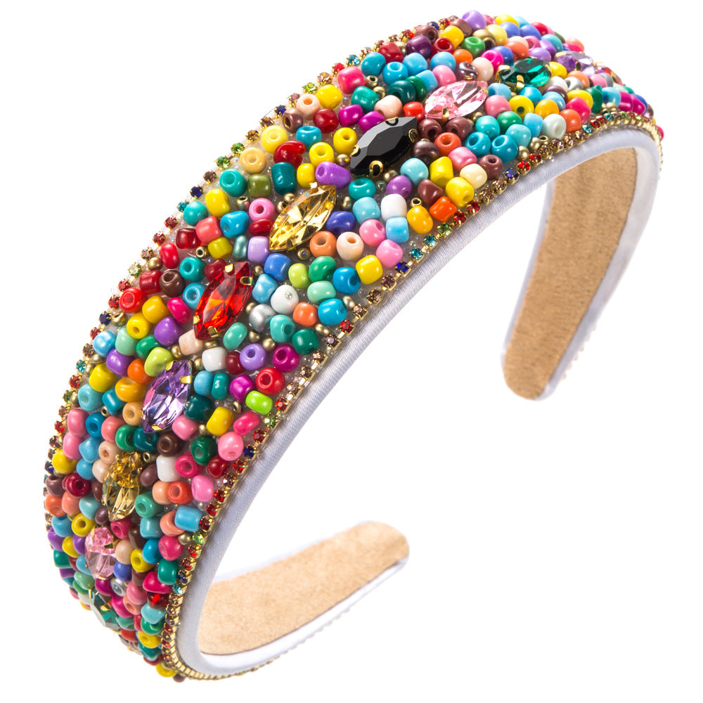 European and American fashion wide-brimmed color bead headbands, women's sense of luxury, personality, elegant rhinestone headbands, and outgoing versatile headwear