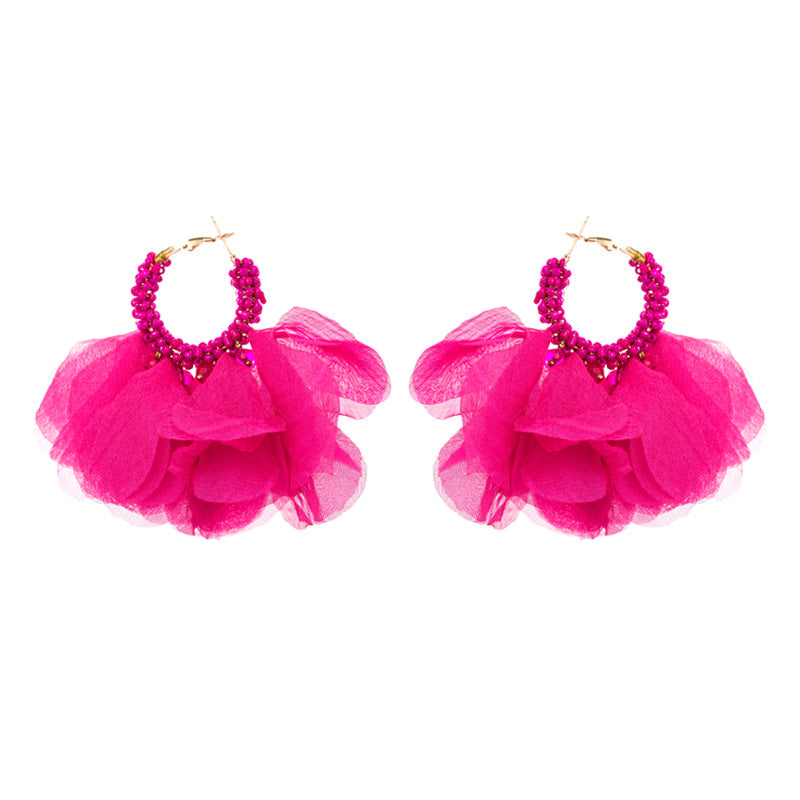 European and American Personality Creative Handwoven Beaded Flower Earrings Earrings Exaggerated Bohemian Chiffon Flower Earrings