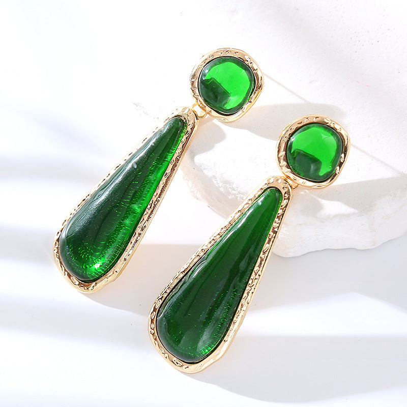 ZA personality retro earrings, long color pear-shaped resin earrings, European and American fashion, light luxury, geometric studs