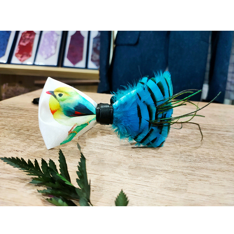 blue feather handmade bow tie men's groomsman groom wedding dress bow business collar flowers