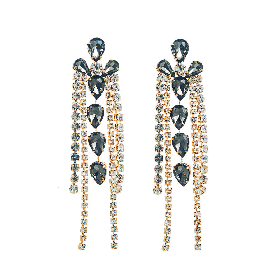 European and American personality exaggerated, multi-layered geometric glass, diamond and diamond tassel earrings, feminine diamond catwalk earrings