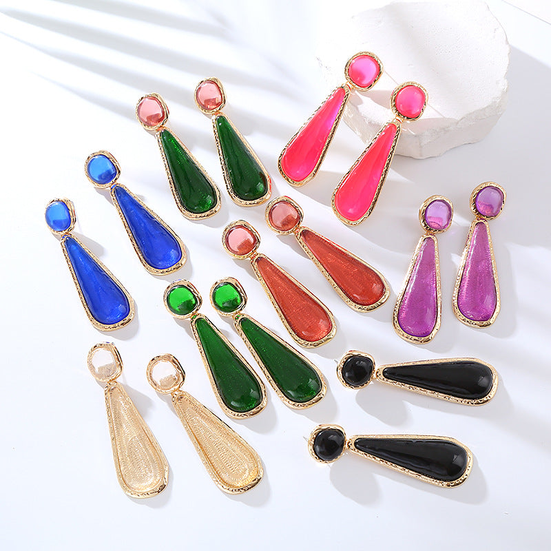 ZA personality retro earrings, long color pear-shaped resin earrings, European and American fashion, light luxury, geometric studs