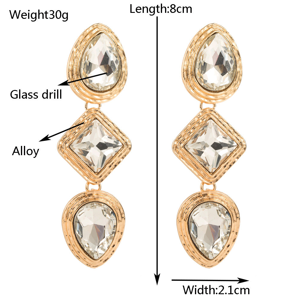 European and American fashion retro exaggerated long earrings alloy multi-layer inlaid with glass diamonds, simple temperament, high-quality ear jewelry