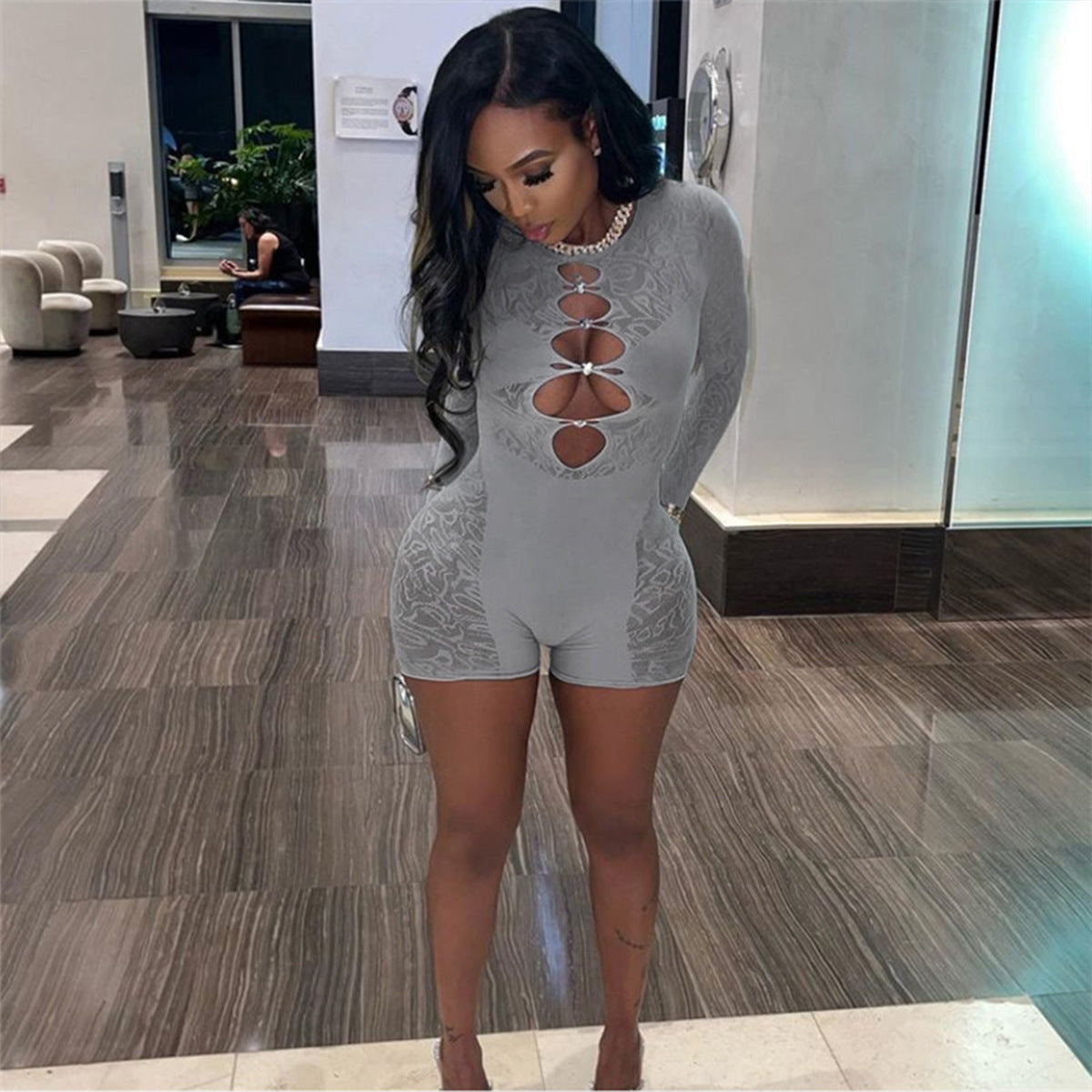 Amazon cross-border Internet celebrity hot women's clothing sexy temptation see-through high-waisted long-sleeved tight-fitting hip T5032