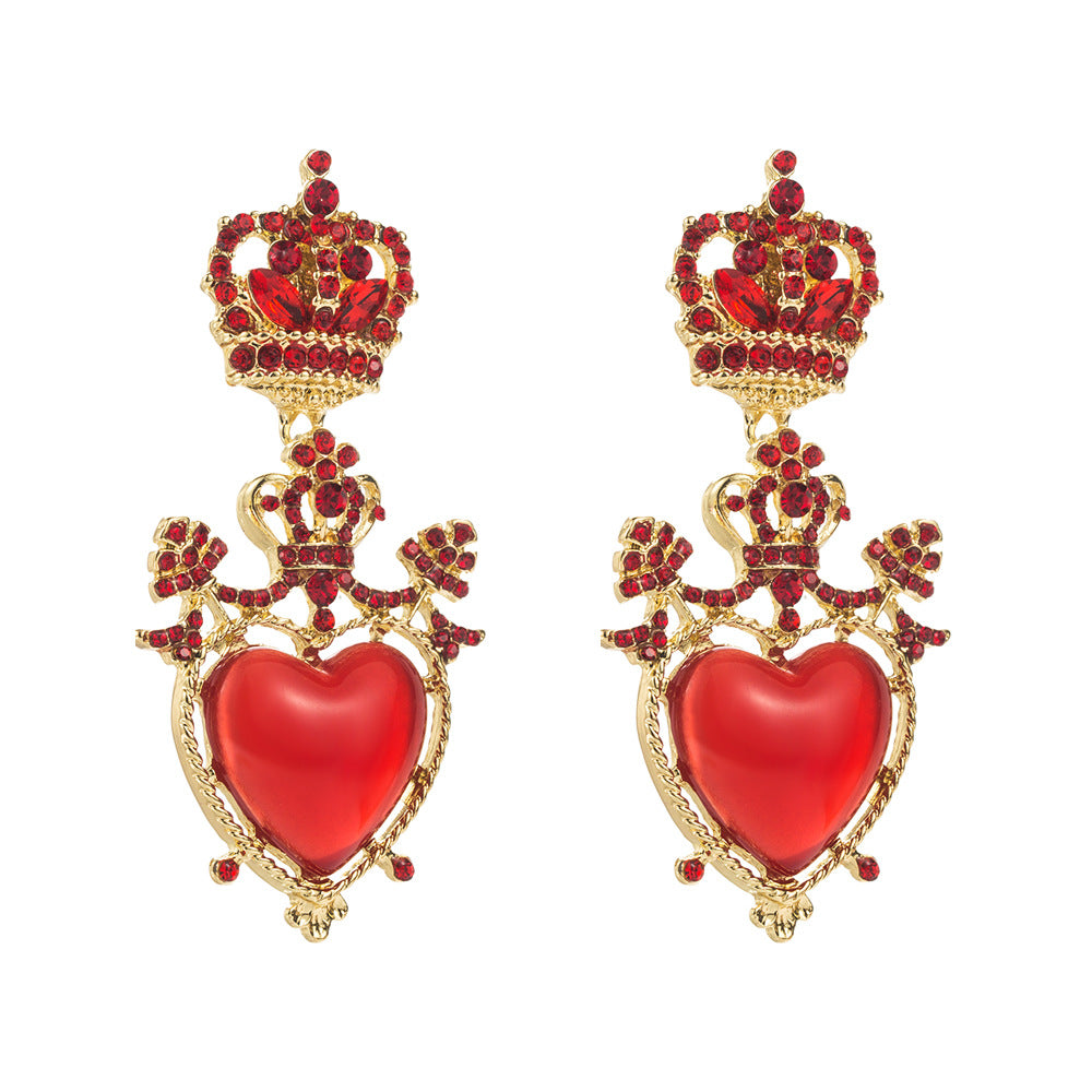 European and American vintage alloy diamond love crown earrings S925 silver needle niche earrings personality long heart-shaped earrings