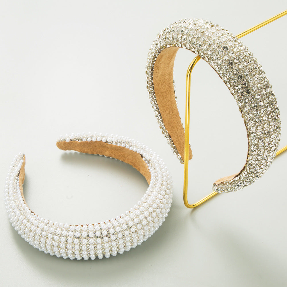 The Korean version of the new light luxury rhinestone pearl headband sponge high skull top headband inlaid with diamonds wide-brimmed face and hair pressure headpiece female