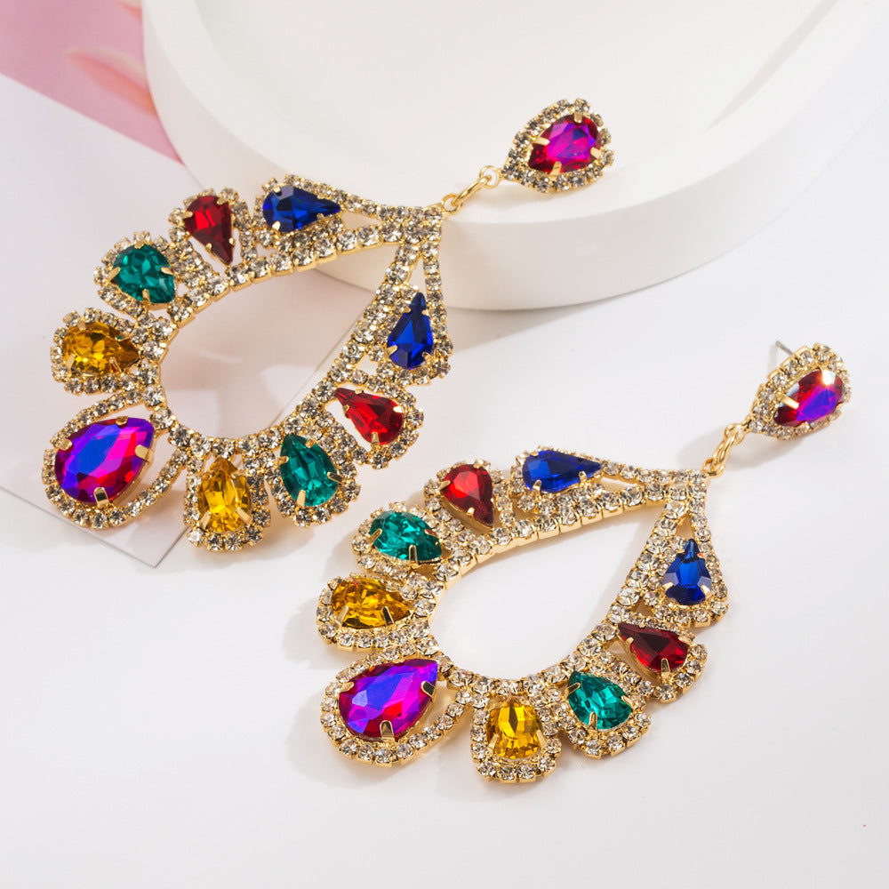 Cross-border European and American hot-selling temperament exaggerated earrings, women's personality light luxury, inlaid with colored glass diamonds, high-end banquet earrings