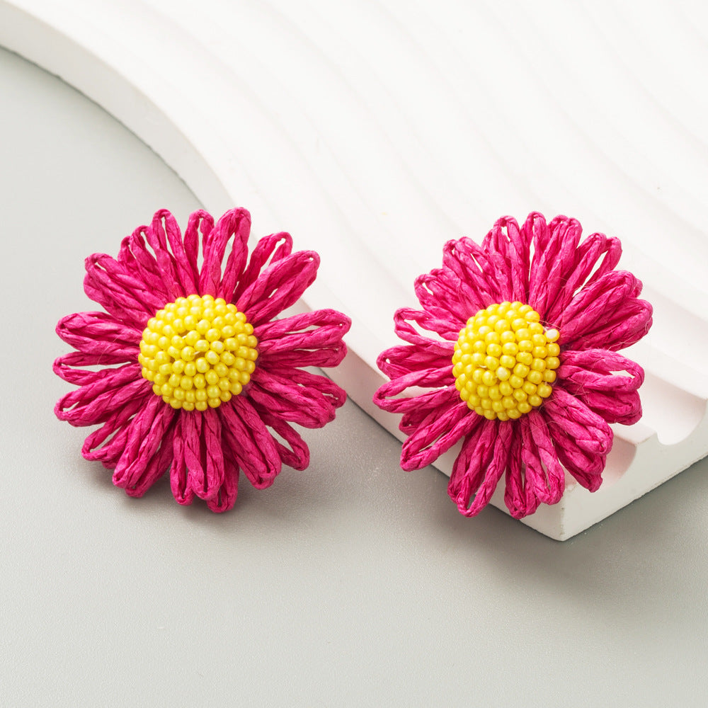 New Bohemian Resort Style Earrings Handmade Raffia Woven Silver Pin Stud Earrings Fresh Flower Sweet Earrings