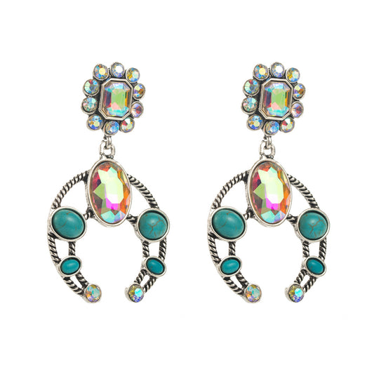 Cross-border vintage turquoise geometric earrings, new alloy set with turquoise colored diamonds, multi-layered bohemian style earrings