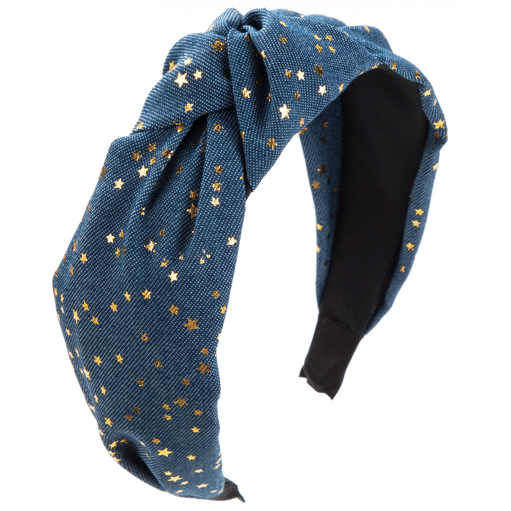 Cross-border European and American fashion denim fabric headband creative gold five-pointed star wide knotted high skull top outward ornament
