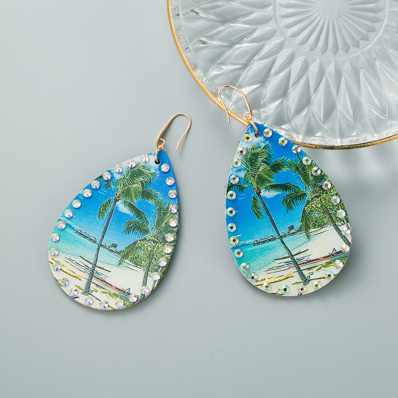 European and American new summer leather coconut tree print earrings tropical rainforest diagram beach feng shui drop-shaped exaggerated earrings