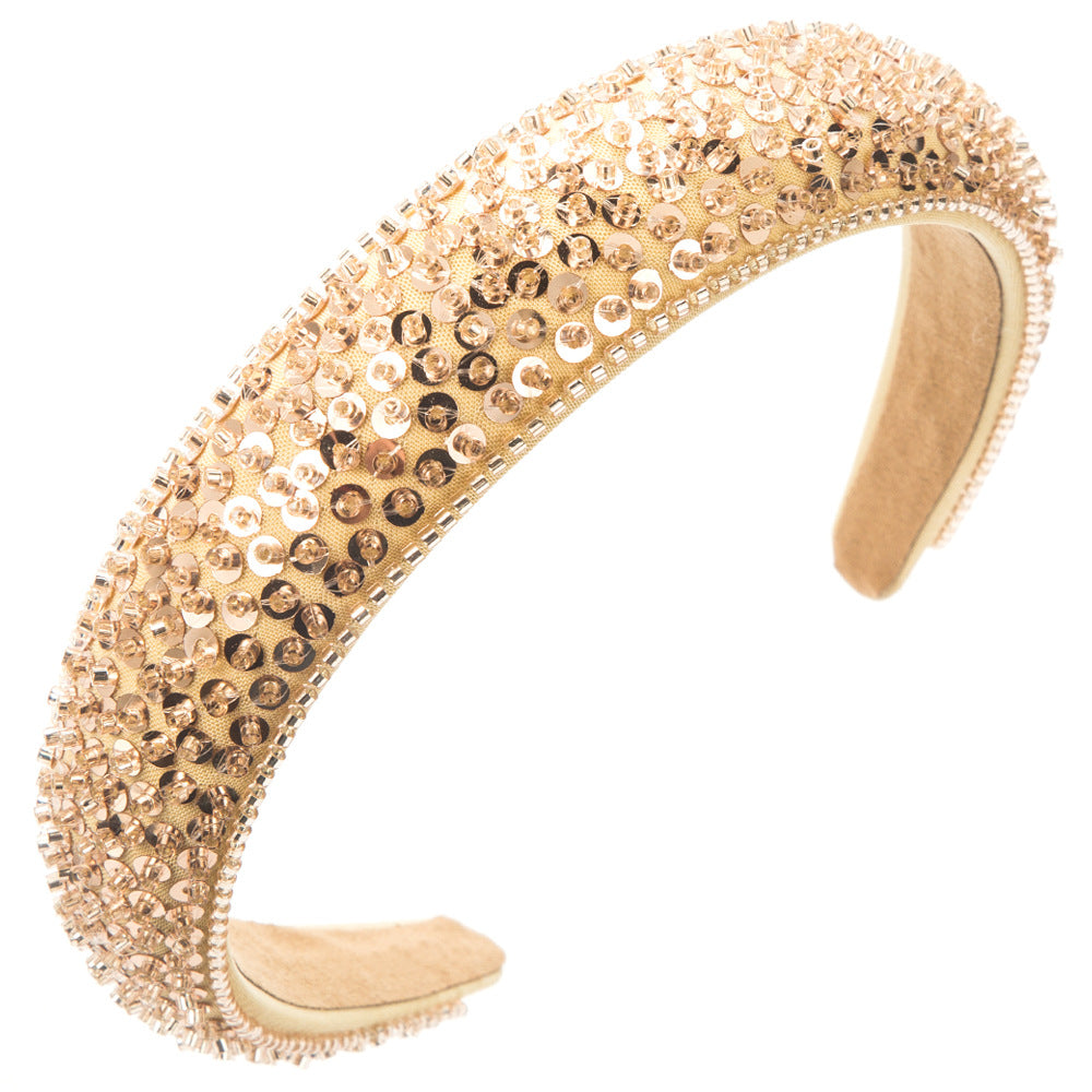 Korean version luxury handmade beaded crystal sequin headband women's simple super glitter wide-brimmed fashion high-end headband hair accessories