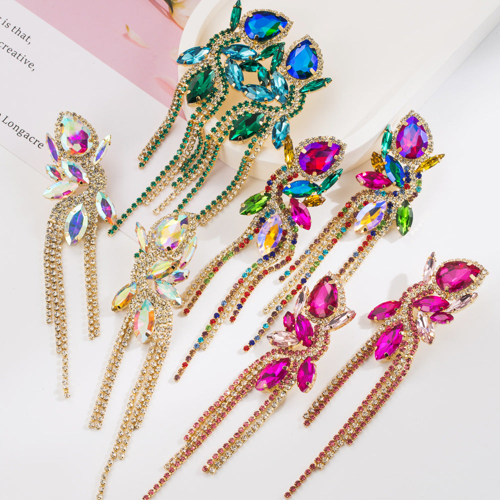 European and American fashion ZA exaggerated long claw chain tassel earrings women's light luxury alloy inlaid with colored diamonds floral high-end earrings