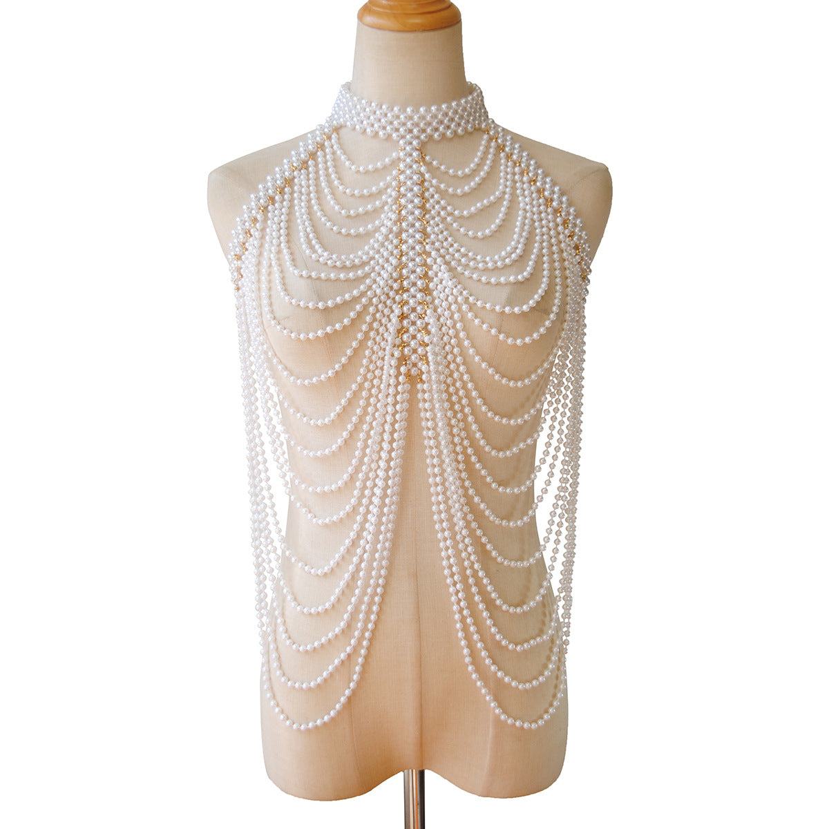 New European and American jewelry, fashionable cut-out chest ornament, pearl wave shawl, chest chain, tassel, multi-layered body chain