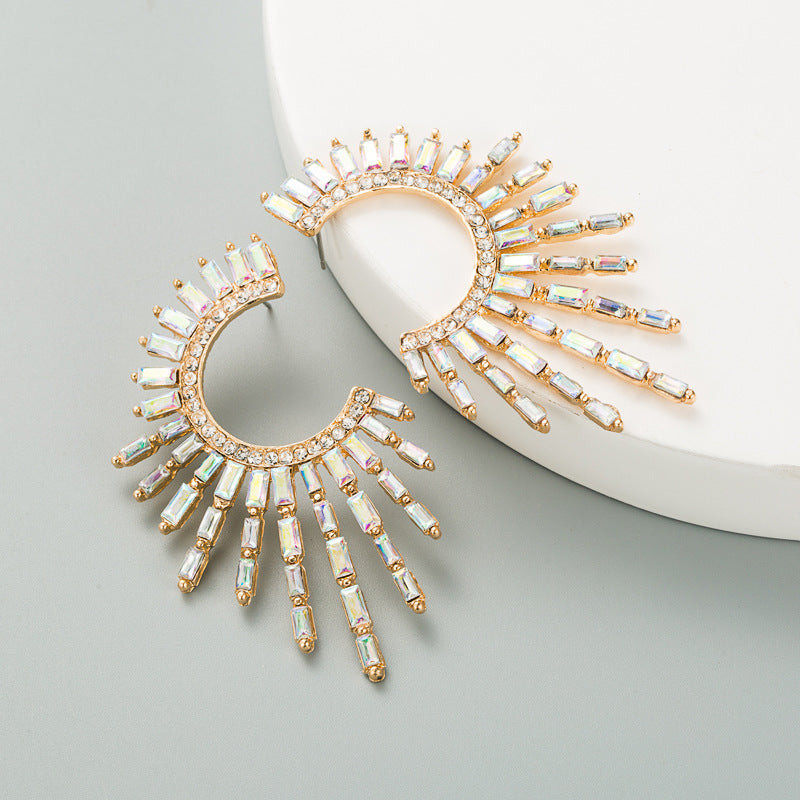 Personality semi-sunflower alloy diamond rhinestone full of diamond earrings female European and American temperament earrings bohemian national style