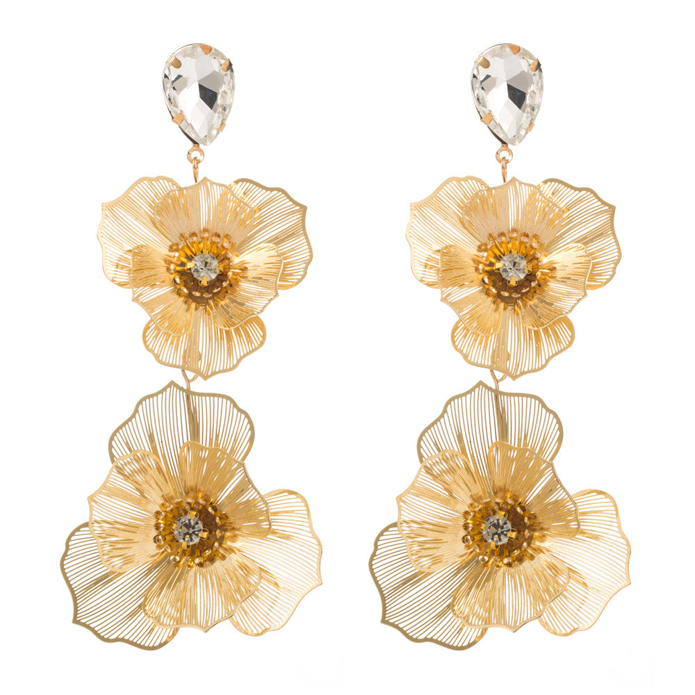 Cross-border new fashion hollow alloy flower earrings for women, simple and delicate, high-end exaggerated long temperament earrings