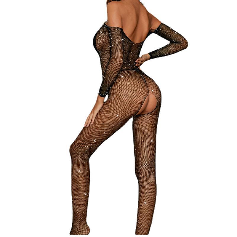 Yue Die, European and American women's hot diamond jumpsuit, explosive uniform, temptation, sexy open, long-sleeved erotic underwear, T1001