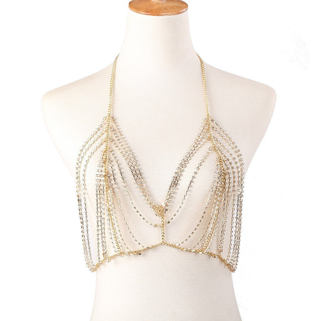 New European and American cross-border accessories fashion bra necklace handmade sexy hollow rhinestone metal body chain