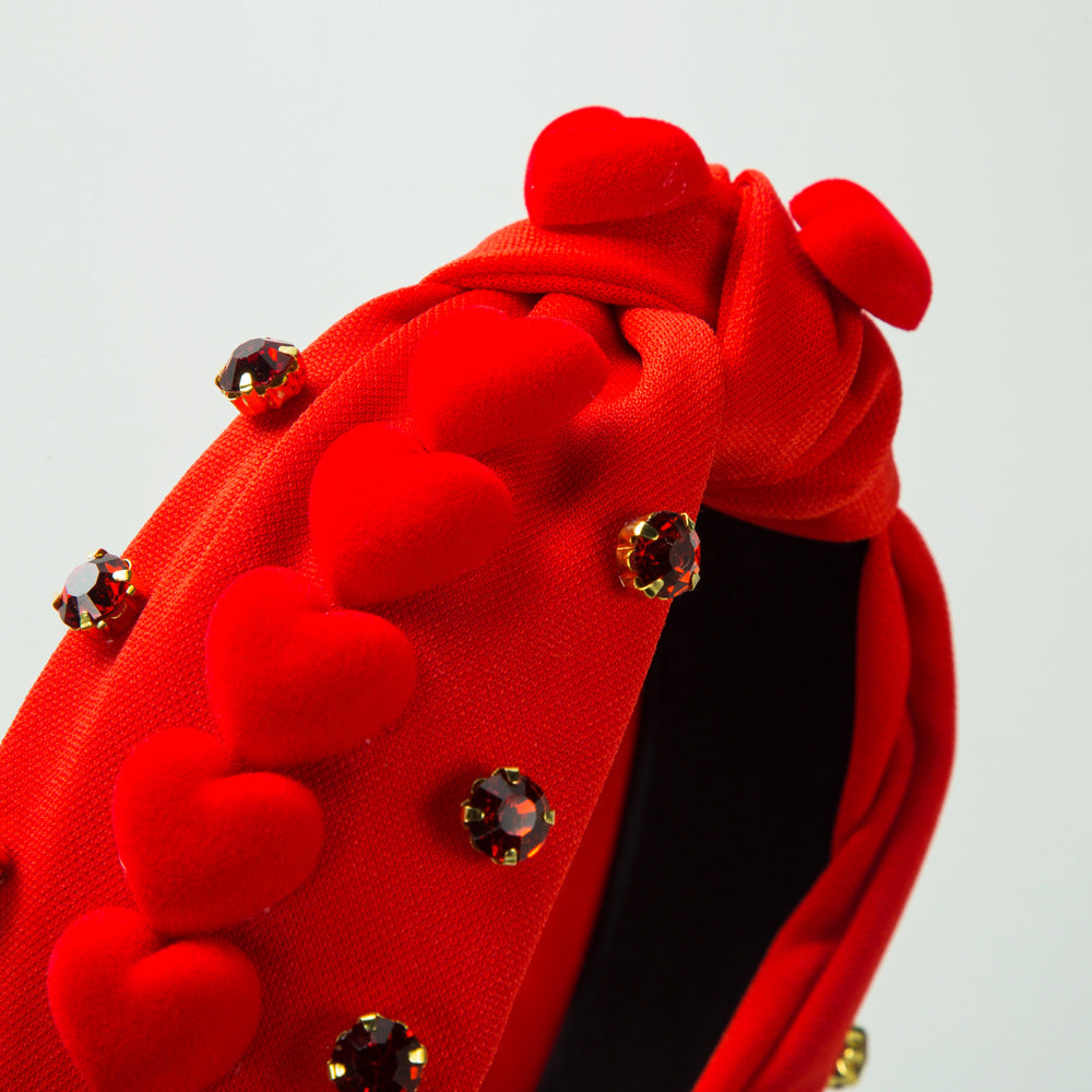 Korean version fashion new cute fairy headband knotted fabric diamond inlaid heart accessories decorative red headband wholesale