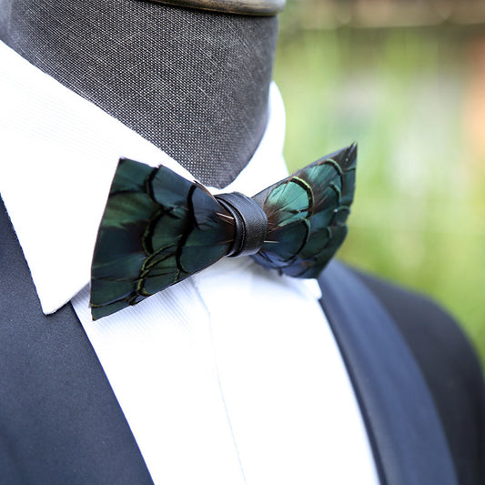 275 ink blue men's bow tie feathers bird feather nightclub marriage groom man wedding suit collar flower dark green bow tie