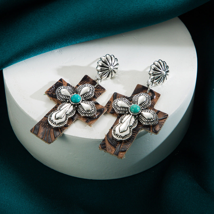 Trendy creative street shot earringsEuropean and American personality inlaid turquoise leather exaggerated cross earrings independent station hot sale