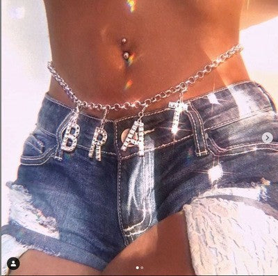 New European and American cross-border jewelry, personalized diamond-encrusted large letter pendant waist chain, women's simple and versatile waist ornament, body chain
