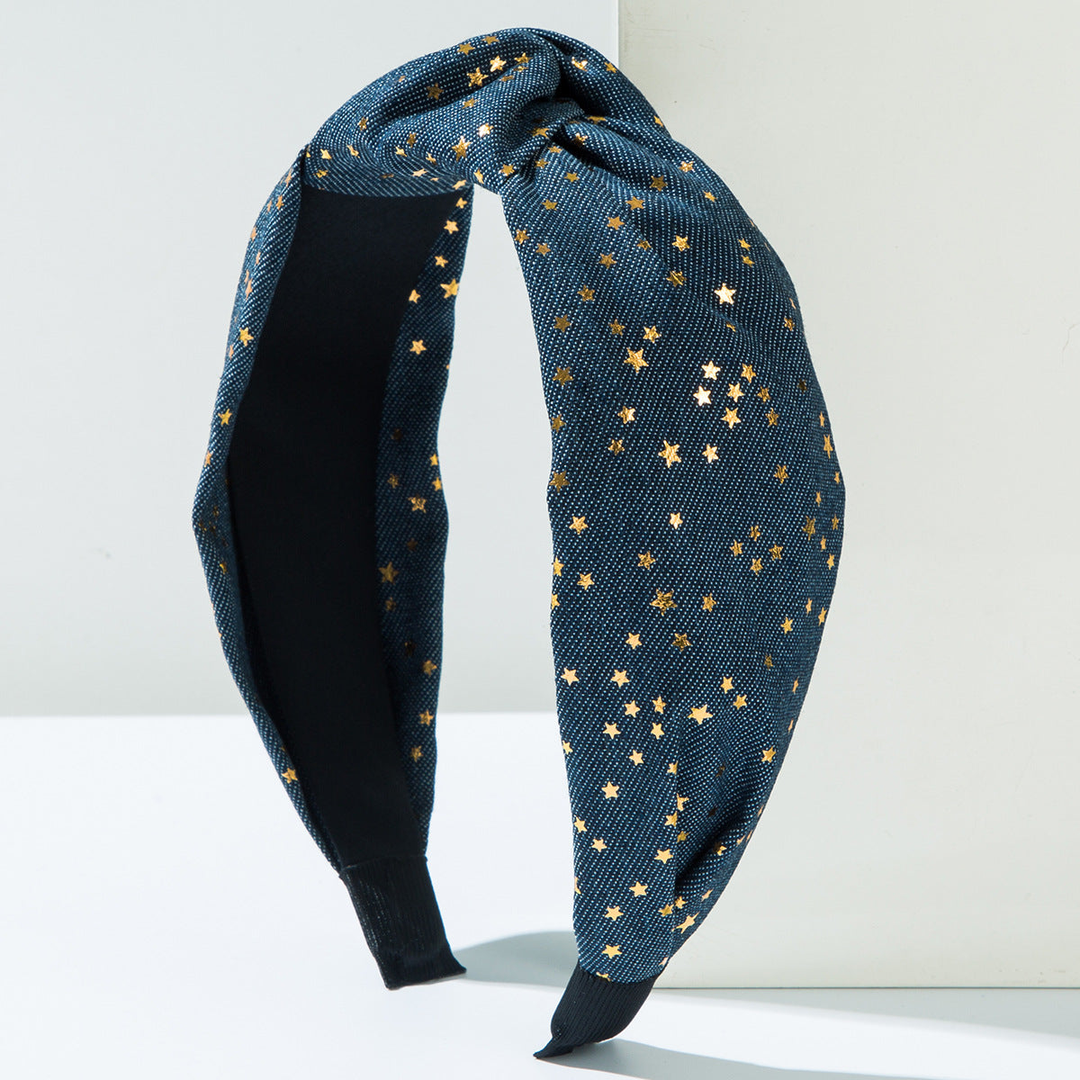 Cross-border European and American fashion denim fabric headband creative gold five-pointed star wide knotted high skull top outward ornament