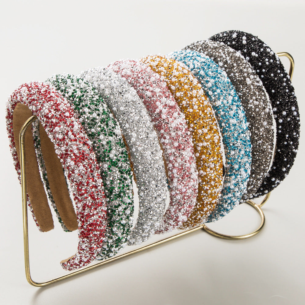 European and American new sponge colorful pearl rhinestone headbands trend simple press party hair accessories wholesale cross-border supply