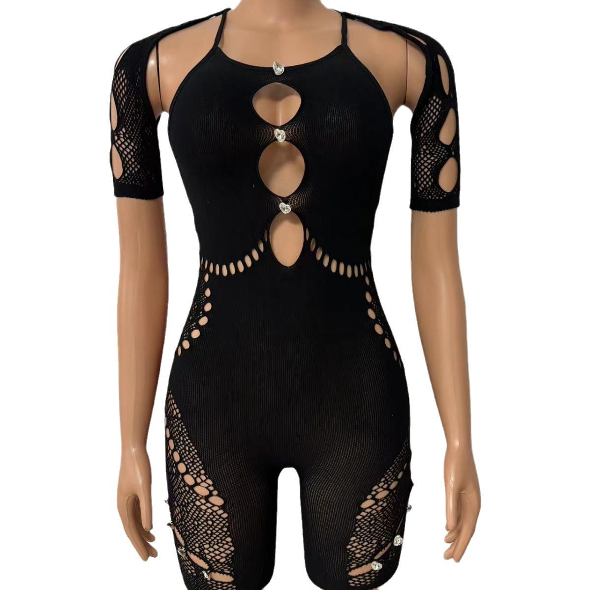 Yue Die's new halterneck sleeves sexy slim see-through hollow high-waisted diamond-encrusted lace jumpsuit YDT033