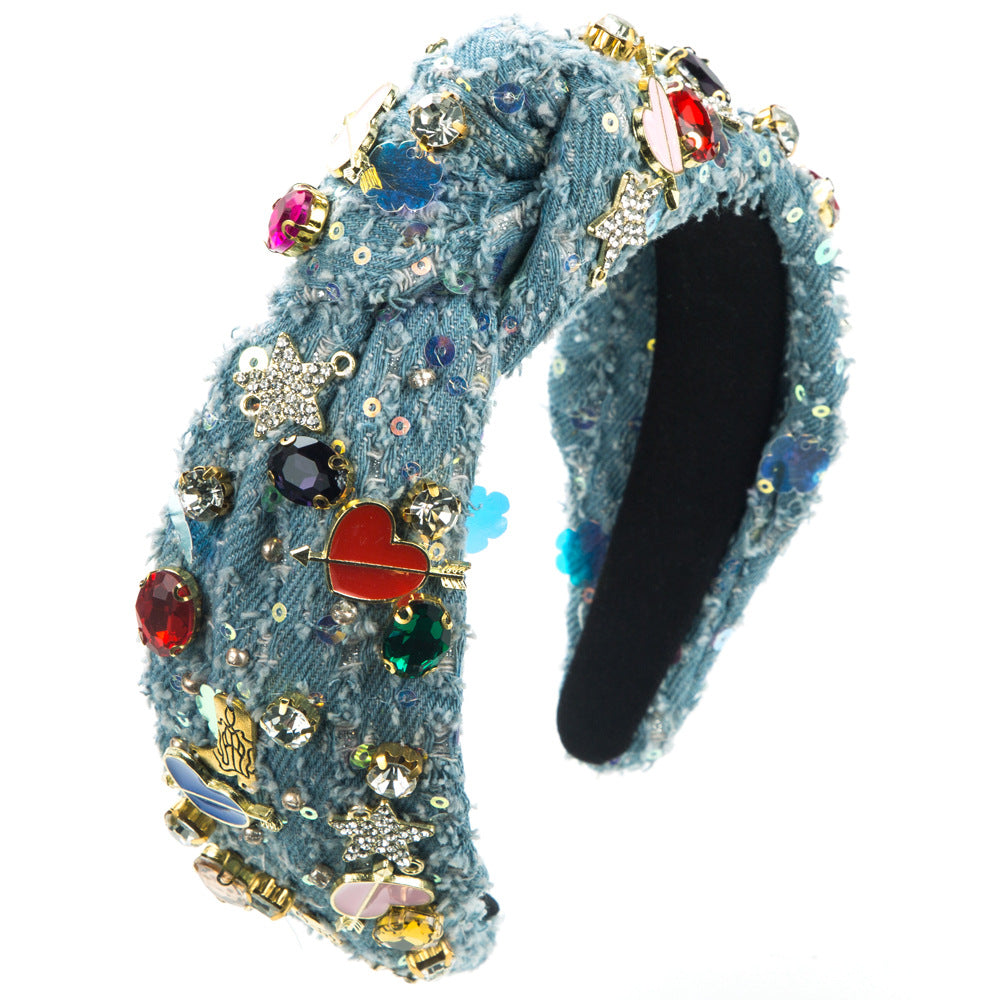 European and American fashion trends, love accessories, headbands, women's hand-sewn glass diamonds, denim hair accessories, cross-border supply