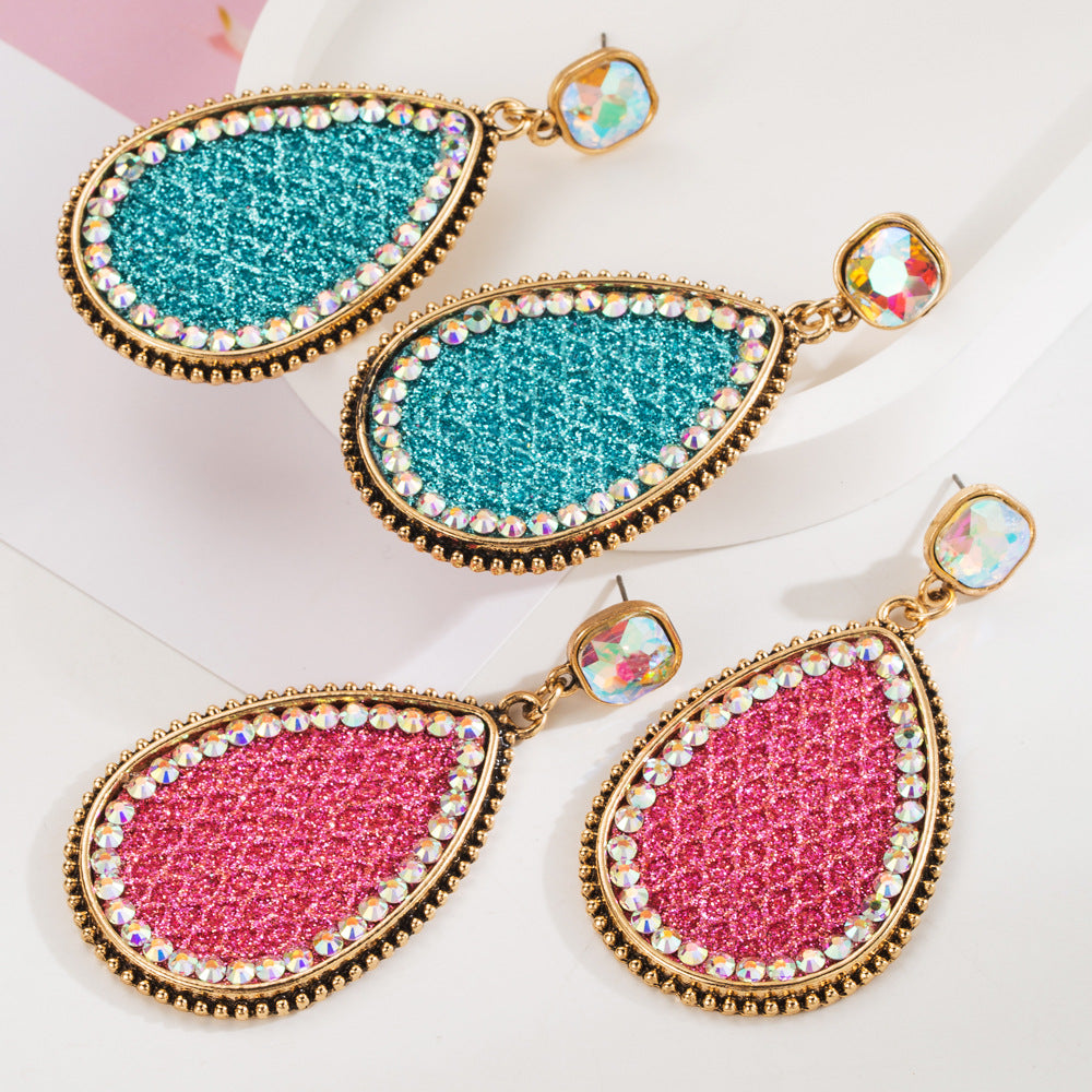 Independent station hot selling earrings, creative leather, sequins, exaggerated earrings, ultra-shiny alloy, colored diamonds, party ball ears