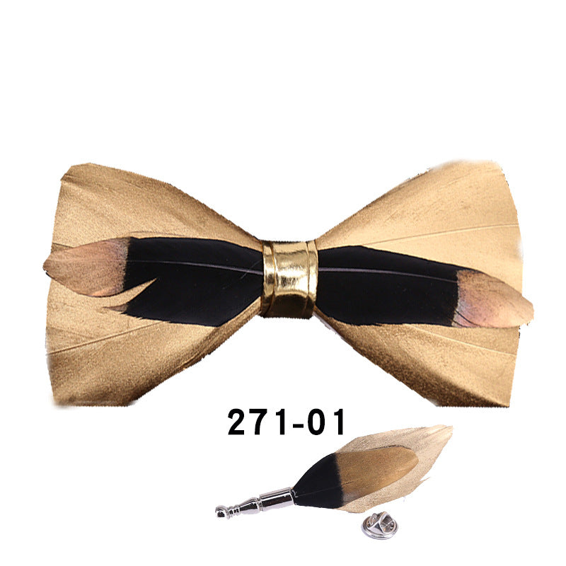 271 Golden Feather Male Wedding Dress Bow Tie Business Dinner Host Yellow Black Gold Bow Collar Flower