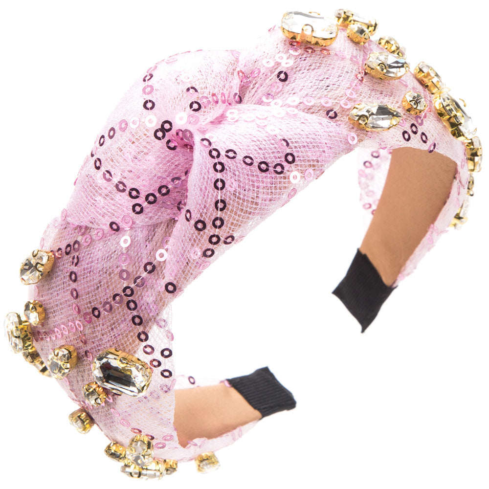 Korean version of the fashion new sequined headband, wide side knotted nails, glass diamonds, sweet temperament, head cave ball, super glitter hair accessories