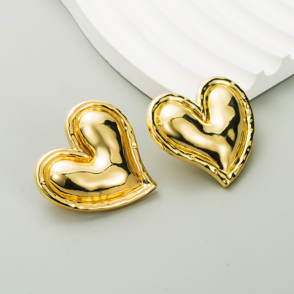 vintage vintage plain gold love heart S925 silver needle earrings women's European and American cross-border new temperament high-end earrings