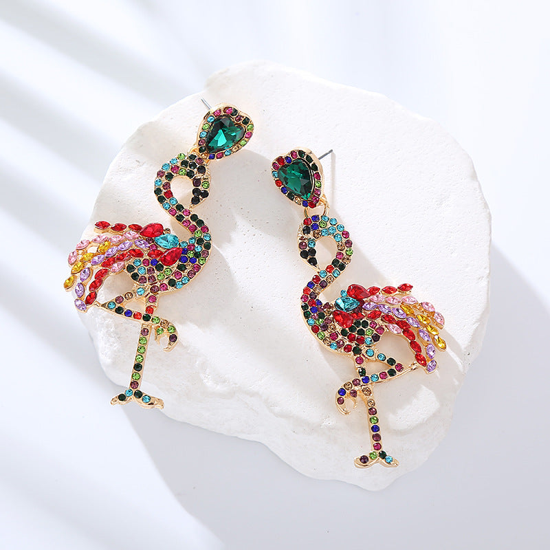 European and American exaggerated new stud earrings animal series rhinestone flamingo earrings women's long earrings exaggerated personality earrings