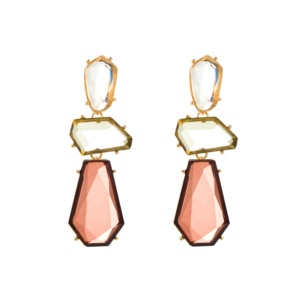 Cross-border European and American irregular geometric polygon earrings, exaggerated femininity, long multi-layer alloy inlaid resin studs