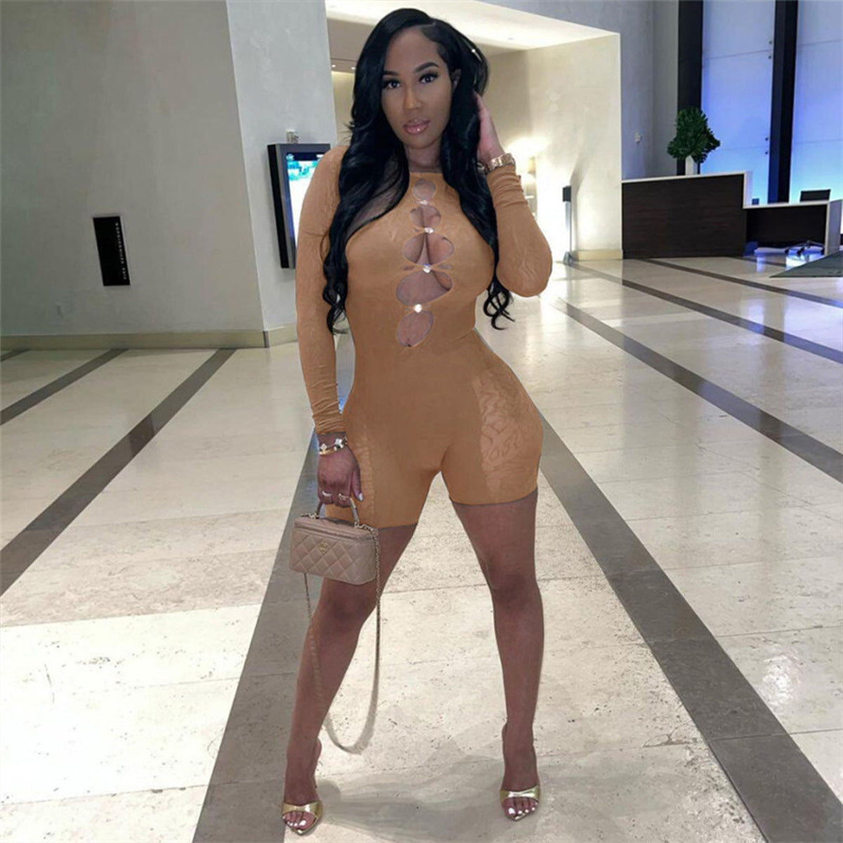 Amazon cross-border Internet celebrity hot women's clothing sexy temptation see-through high-waisted long-sleeved tight-fitting hip T5032