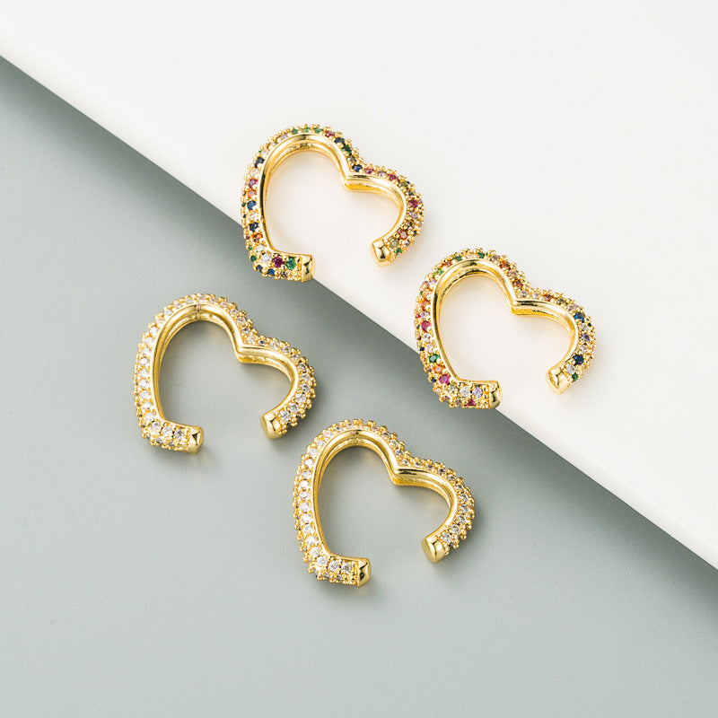 ins with the same source, cross-border European and American fashion, love-shaped, pierced, ear clips, copper micro-inlaid zircon, hip-hop style earrings