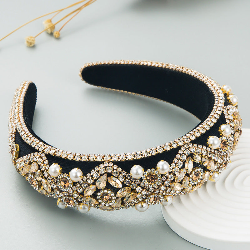 Heming headbands, women, Europe and the United States, cross-border supply wholesale, new heavy craftsmanship, diamond-encrusted pearl velvet retro sponge headband