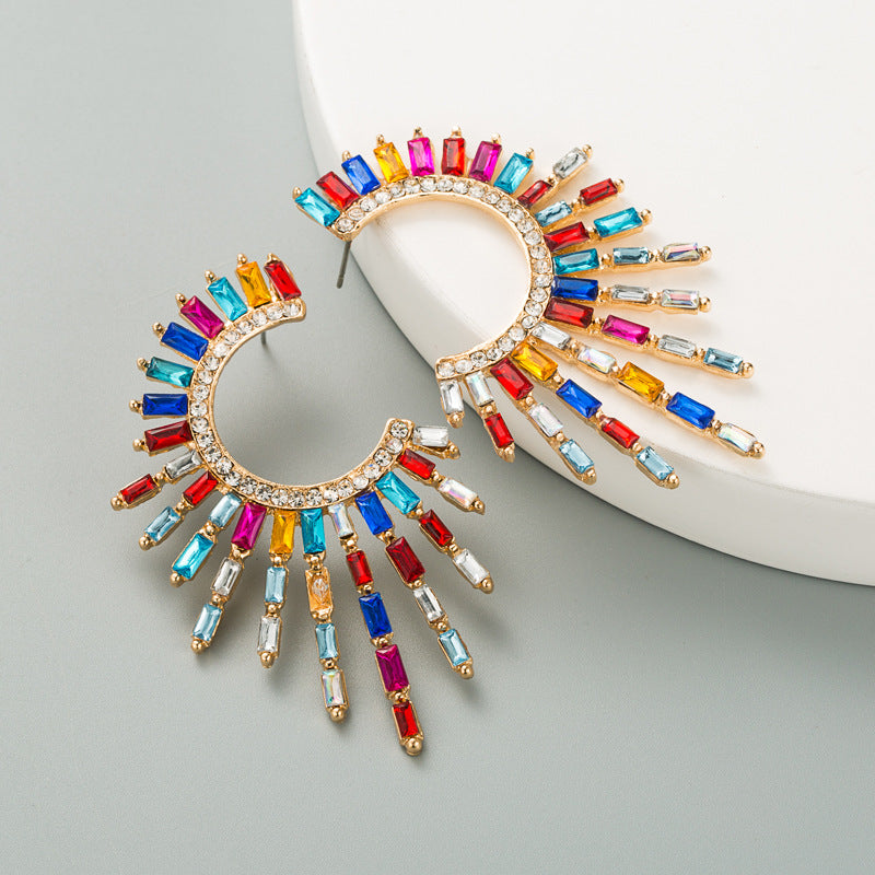 Personality semi-sunflower alloy diamond rhinestone full of diamond earrings female European and American temperament earrings bohemian national style
