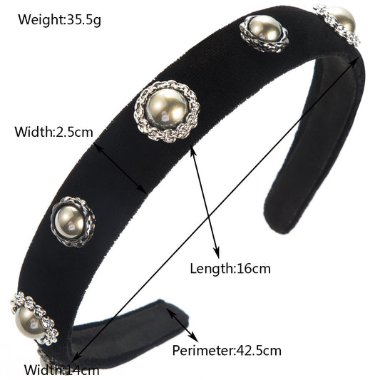 Korean New Black Velvet Headband Retro Small Fragrance Feng Shuizushi Pearl Headband Feminine Versatile Sweet and Cool Hair Accessories