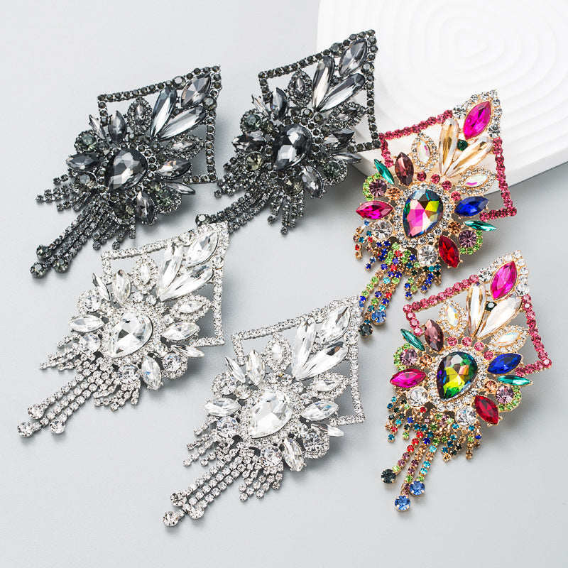 European and American fashion high-end super flash alloy colored diamond long tassel earrings women's luxury dazzling exaggerated earrings earrings