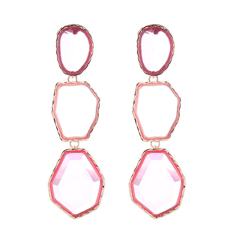 European and American cross-border new exaggerated multi-layer long earrings geometric polygonal alloy inlaid resin earrings